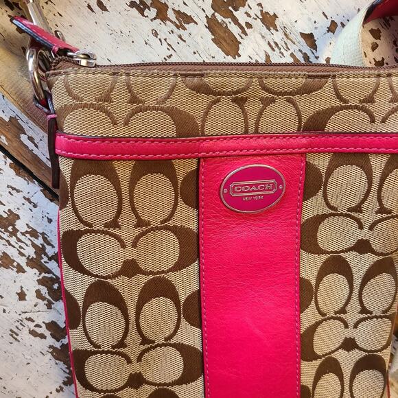 Coach crossbody purse bag brown logo print & hot pink 9" x 7" - Picture 5 of 7